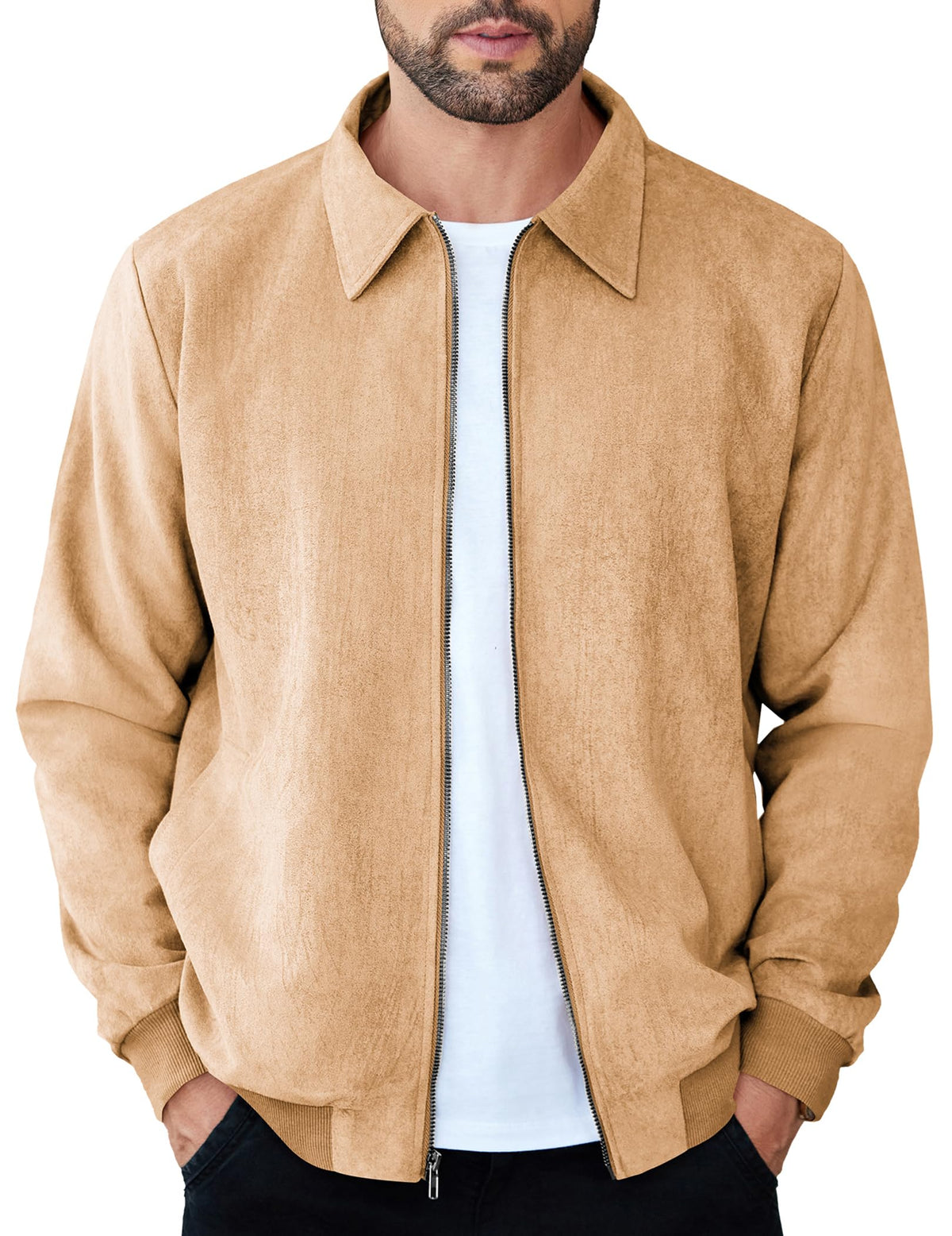 COOFANDY Mens Zip Up Suede Jacket Casual Stylish Leather Jacket Light Tan