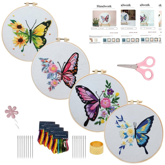 Embroidery Starter Kit for Beginners 4-Piece DIY Cross Stitch Set for Adults with Floral Patterns Embroidery Hoop Tools Colored Threads Step-by-Step Guide Gift for Craft Enthusiasts (Butterfly)