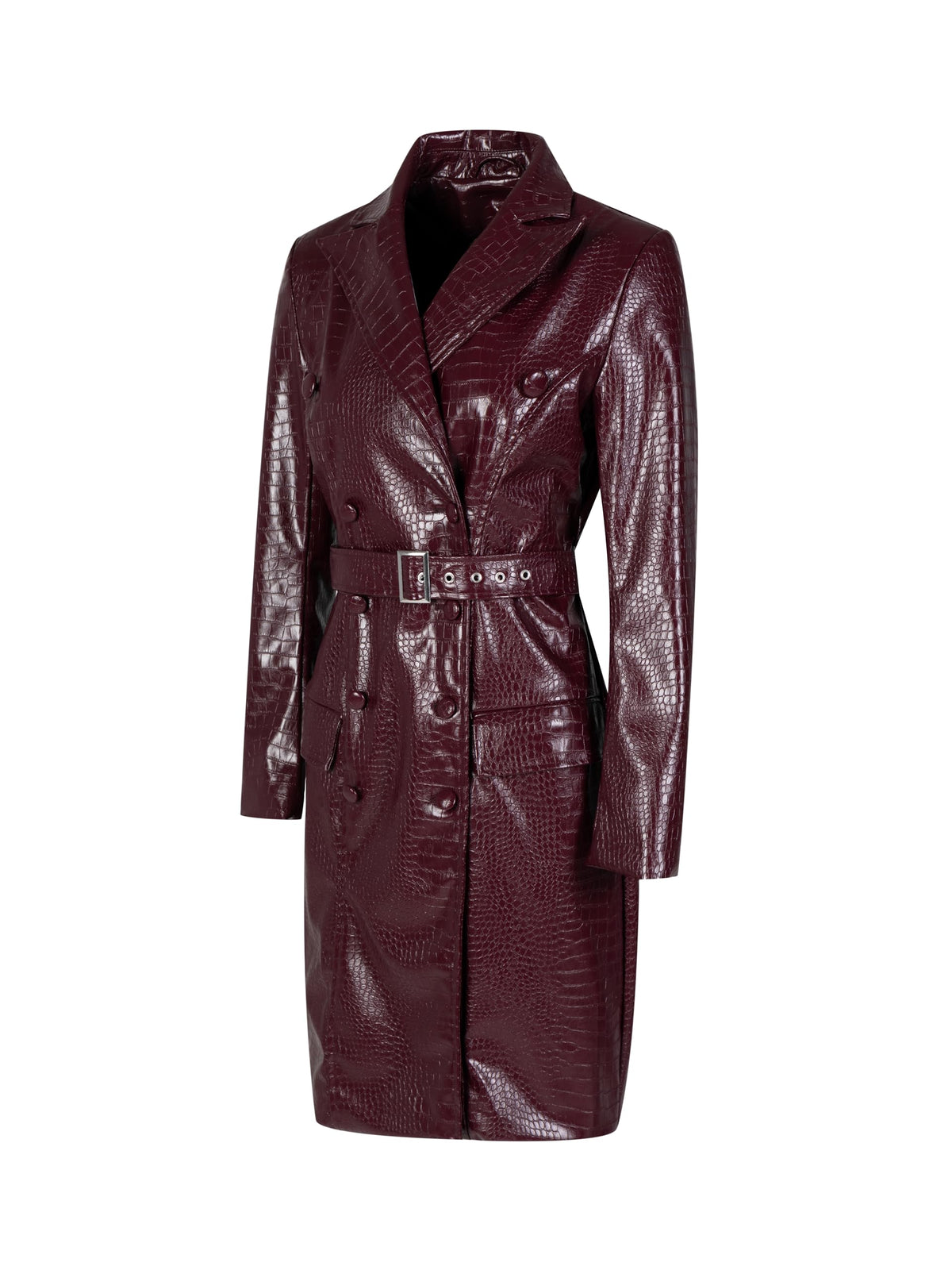 SS-Sunrise Fashion Womens Long Leather Jackets Burgundy Trench Coat Blazer Lapel Button Open Front Faux Motorcycle Jackets Coat with Belt (Small, Red)