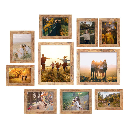 iRahmen Collage Picture Frames Set of 10, Wall Decor for Mounting or Tabletop Display, Family Photo Gallery Frame Set - Multi Sizes Including Two 8x10, Four 5x7, Four 4x6, HD Glass, Rustic Wood