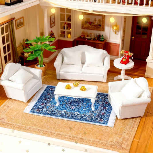 1:12 Scale Miniature Furniture Sofa Set with Pillows Mini Couch Carpet Tea Table for Mini House Acessories Living Room Scene Decor