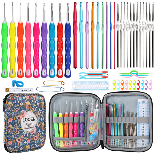 Looen Crochet Hooks Set-Yarn Needles Coloured Aluminum with Storage Case Rubbery Handle Ergonomic Comfort Grip DIY Craft Handmake Kit 64pcs