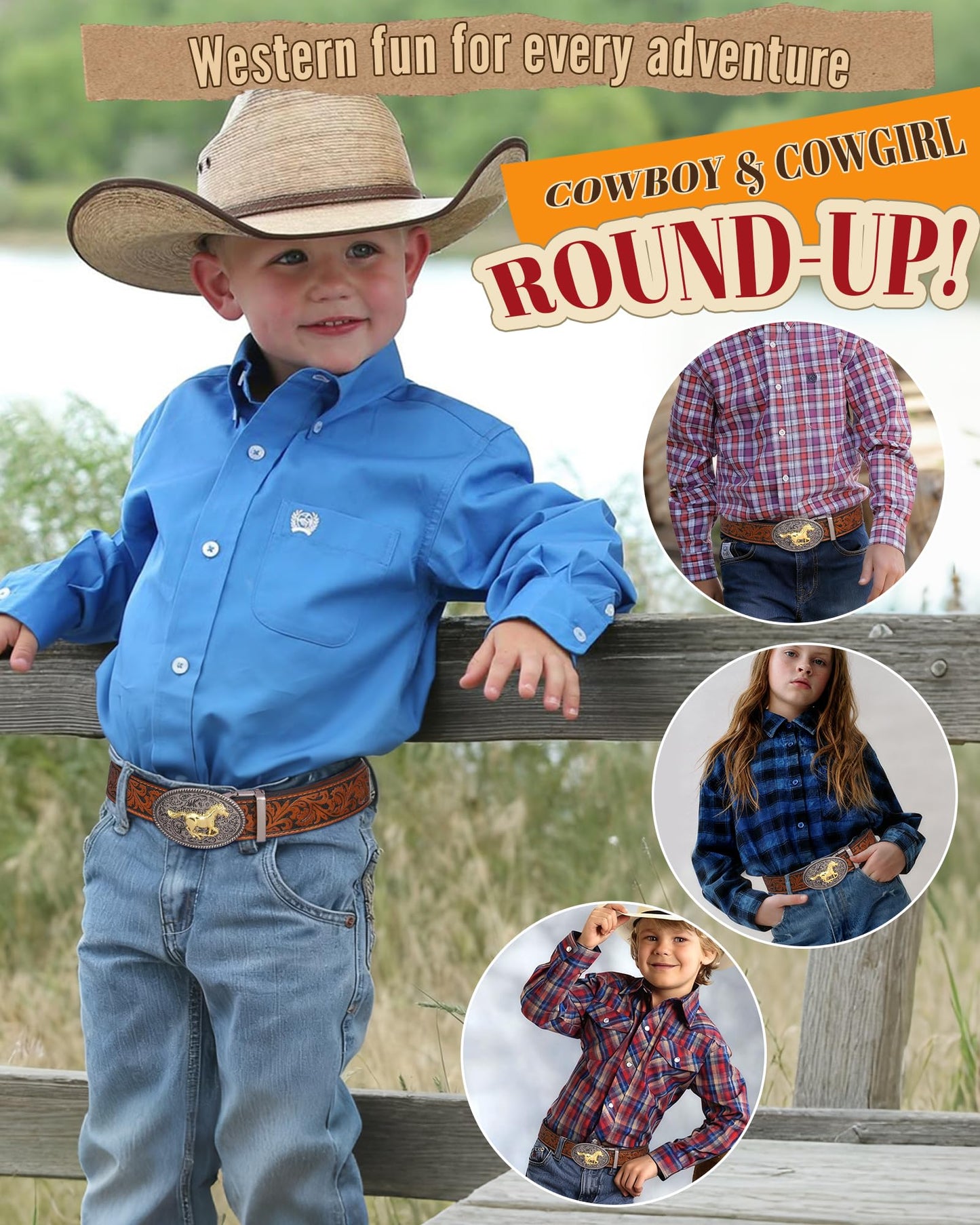 AWAYTR Kids Ratchet Western Belt - PU Leather Cowboy Belt Adjustable Toddler to Big Kid Sizes for Jeans (Gunmetal Gold Horse-Brown, Fit Waist: 26.5"-30")