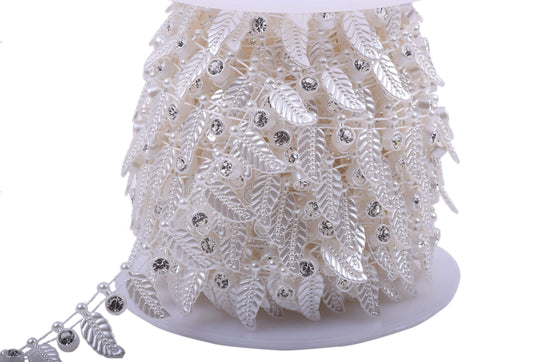 KAOYOO 10 Yards Rhinestone Beaded Chain Trim with Ivory Feather for Wedding Decoration,DIY,Craft, Sewing on Clothing