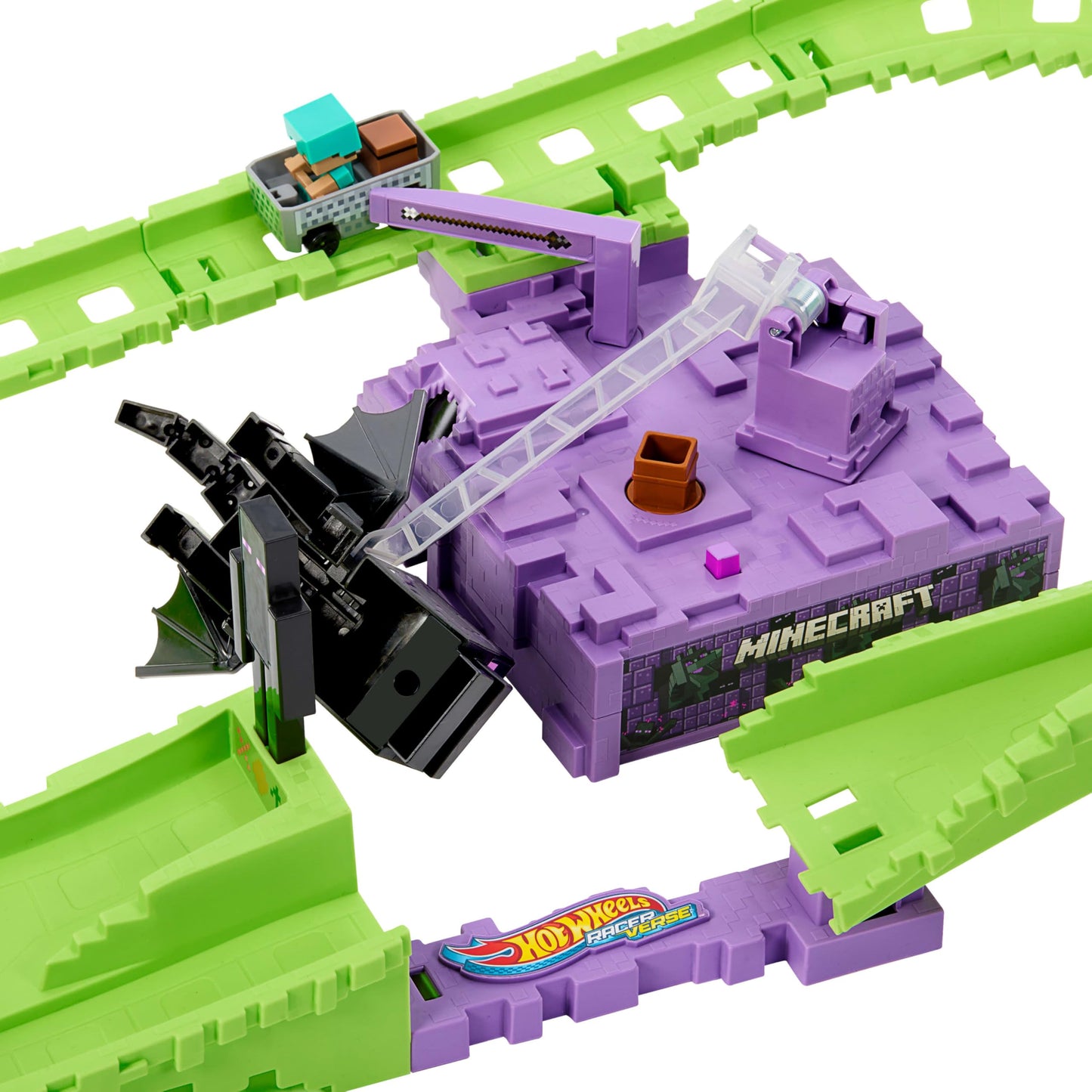Hot Wheels Toy Car Track Set, RacerVerse Minecraft Playset & Die-Cast Diamond Armor Steve in Minecart Vehicle, Launch & Race to Defeat Ender Dragon