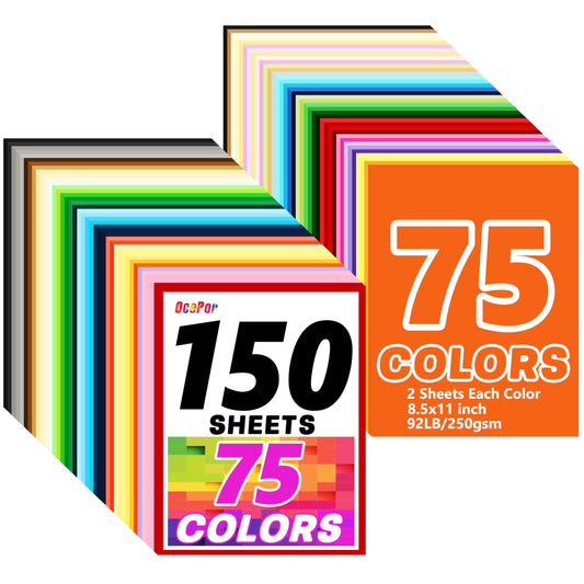 OcePor 150 Sheets Colored Cardstock 75 Colors, 8.5x11 Color Cardstock Bulk, 250gsm/92lb Assorted Colors Construction Paper for Printing, Card Making, Die Cutting, Crafts, Scrapbooking, Party