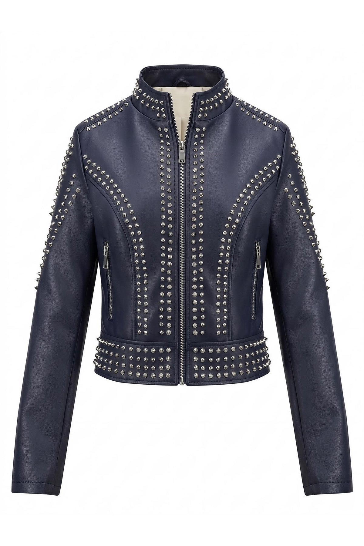 Bellivera Women's Faux Leather Moto Studded Rivet Casual Jacket D.Blue L