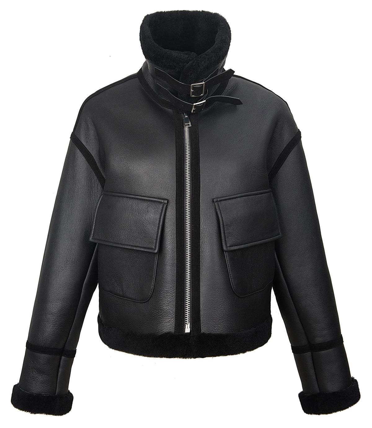 FLAVOR Classic Shearling Jacket for Womens Bomber Leather Winter Jacket Warm Black (Black, XL)