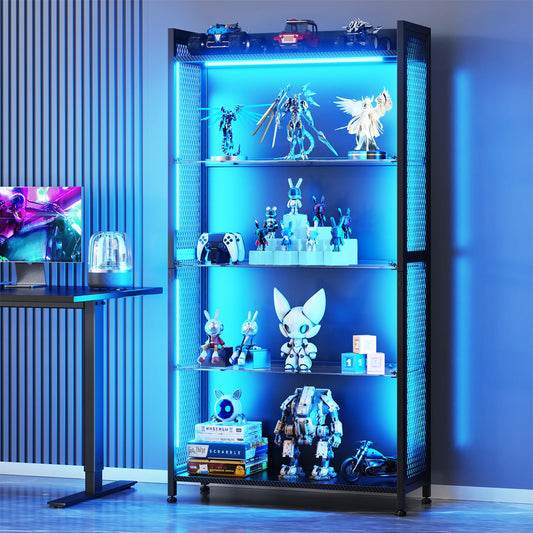 AODK Display Case with LED Lights, Display Cabinet with Glass Storage Shelves and Industrial Metal Mesh, 4-Tier Display Shelf for Collectibles, Curio Cabinet with Open Shelf, Black