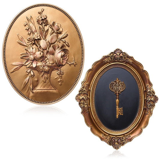 Kathfly 2 Pack Vintage Wall Sculptures Gold Flower Wall Art and Oval Embossed Intricate Key Decor Antique Statue Victorian Hanging Decor for Gallery Living Room Entryway, Gift for Couple Housewarming