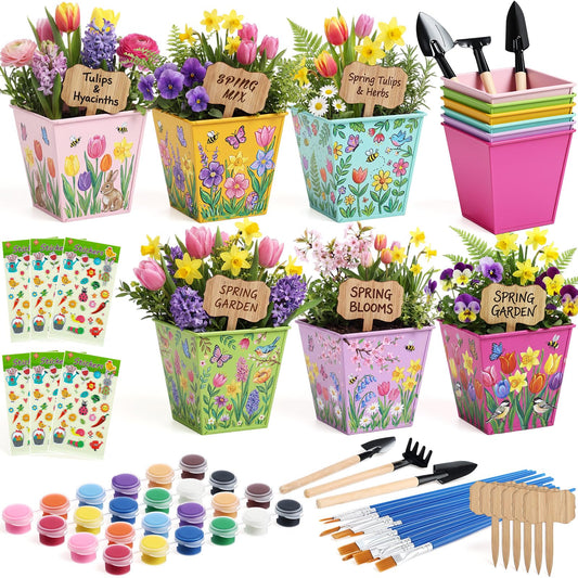 Ferrochef 6 Sets Flower Pot Painting Kit DIY 6 Colorful Metal Iron Plant Pots Acrylic Paint Stickers Brushes Plant Labels Gardening Tool Kit for Planting Crafts Mother's Day Graduation Creative Gift