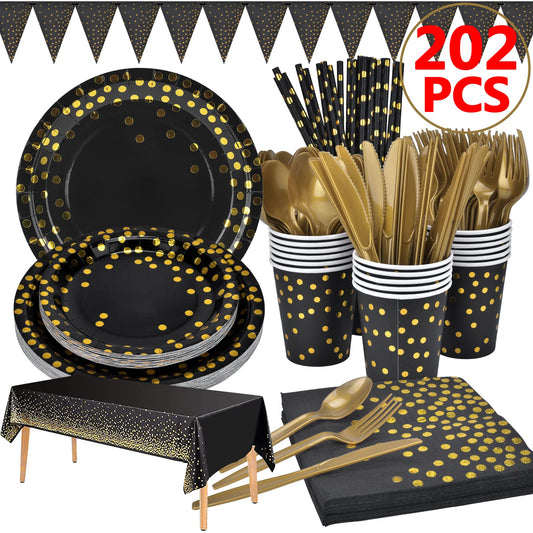202pcs Eco-Friendly Disposable Black and Gold Paper Plates Supplies Bulk Dinnerware Decorations for Party Wedding Birthday Dinner Dessert (25 Guest)