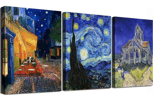 Vincent Van Gogh Canvas Wall Art Paintings, Famous Starry Night Picture Prints for Decor Classic Cafe Terrace At Night Artwork Reproduction Poster for Bedroom Living Room Office 12"x16"x3 Piece