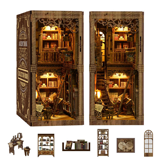 Book Nook Kit, Book Nook for Adults 3D Wooden Puzzle with Sensor Led Light,DIY Miniature House Kit Bookshelf Insert Decor for Adults Booknook Model Kits