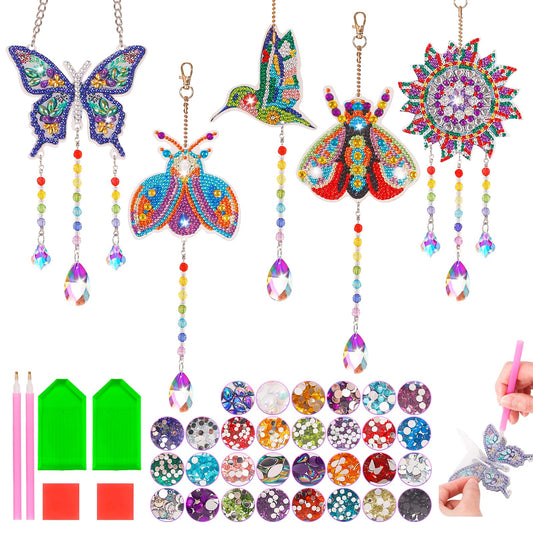 VibyTiby 5 pcs Diamond Art Kit, Suncatcher Craft, Complete DIY Kit with Crystals Pendants for Home Decor, Creative Gift for Crafters