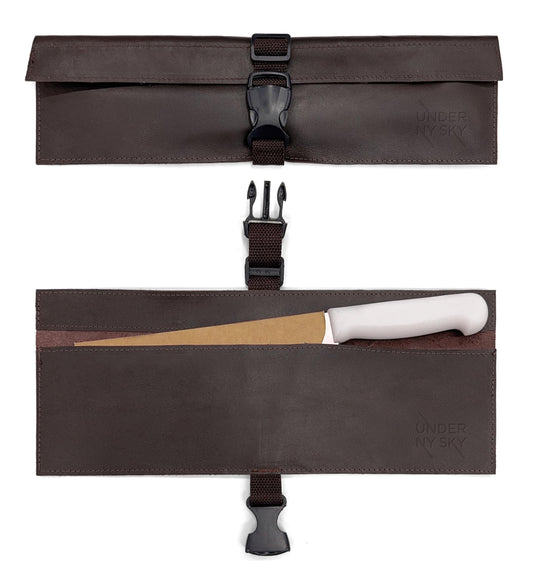 Under NY Sky Genuine Leather Knife Roll Case - 1 Slot - Real Leather Pouch - Portable Bag for Cooking Tools, Utensils, Cutlery Knives, Brushes - Chefs, Kitchen, Travel, Gift - Brown L