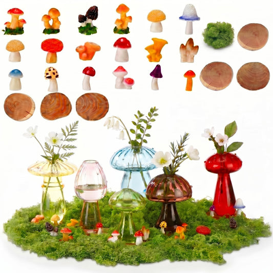 Sliner 6 Pcs Wedding Mushroom Glass Vase Gift for Indoor Plants Colored Propagation Stations 18 Mini Resin Mushrooms Fake Green Moss 6 Wooden Bases for DIY Craft Fairy Garden Landscape Decorations