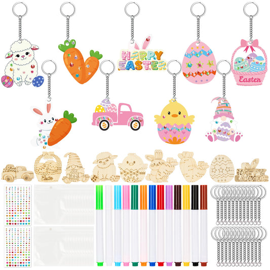 Bafeil 36 Pcs Easter Wood Craft Kits Color Your Own Keychains DIY Unfinished Wooden Blank Keychains Paint Craft for Easter Basket Stuffers Home Active Party Favors Decor Gifts
