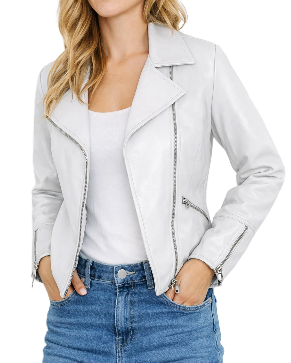 Leather Artist Women’s Real Lambskin Asymmetrical Motorcycle Jacket-Biker Style Genuine Womens Leather Jacket (LA-Biker.Wo-White-2XL)
