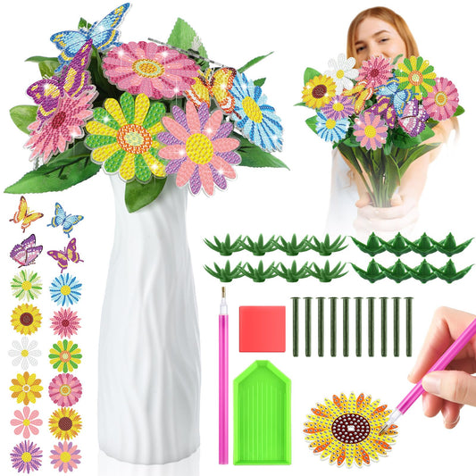 Copkim 16 Pcs Flower Butterfly Diamond Art Kits for Adults Bunch of Flower Butterfly DIY Vase Filler Ornament Table Decor Small Diamond Craft Gift for Festival Garden Decoration