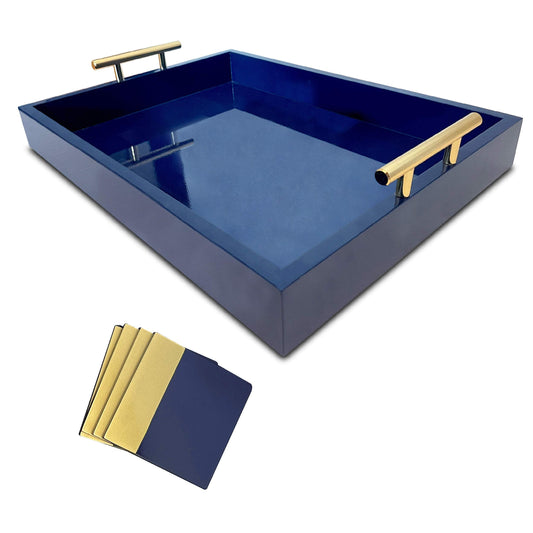 Wood Serving Tray with Gold Polished Metal Handles, Home Decorative Wooden Rectangle Ottoman Decor Platter Bathroom Vanity Tray for All Occasions Gloss Finish, 16"x12", Navy Blue