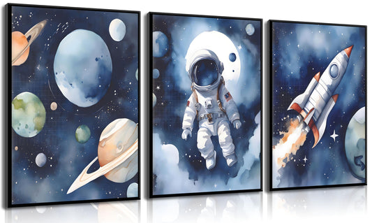3Pcs Nursery Astronaut Wall Art Kids Space Planets Theme Canvas Painting Rocket Spaceman Wall Decor Explore Dream Galaxy Poster Prints Funny Outer Space Picture for Boys child Bedroom Living Unframed