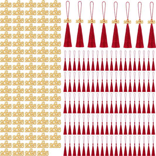 Cindeer 100 Pcs Mini Graduation Tassels with 100 Pcs 2026 Tassel Charms for Crafts Mini Silky Bookmark for Graduation Cap Keychain Ornaments DIY Craft Jewelry Making Project(Red)