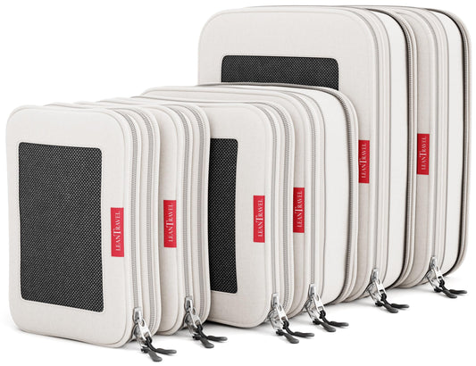 LeanTravel Premium Compression Packing Cubes for Travel - Suitcase Organizer Bags with Double Zipper & Breathable Mesh Panel - Space Saving Carry On Luggage Essentials (6-Pack, Sand)