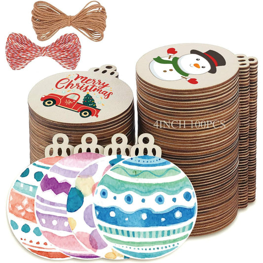 FCDECOR 4" 100PCS Christmas Wooden Ornaments Unfinished, DIY Christmas Crafts for Kids Wood Slices DIY Crafts Supplies for Girls Adults, Xmas Ornaments Holiday Decoration