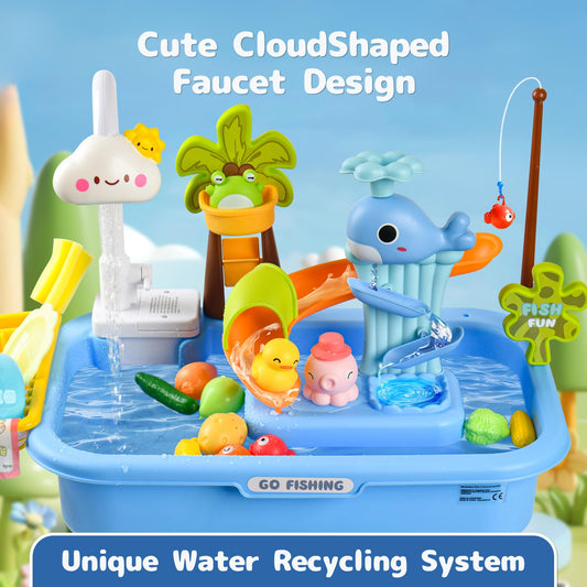 Hanyutom 2026 Upgraded Toddler Sand Water Table Toy with Electric Water Pump, Kids Sand Water with Faucet/Play Food Accessories/Fishing Toy, Kitchen Play Sink Toys for Girl Boy Age 3+ (Blue)