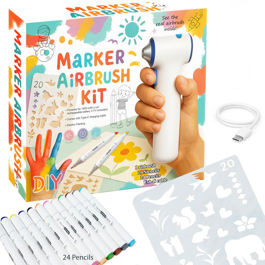 BECUSSITTA 24-Marker Airbrush Kit for Kids — USB Rechargeable Cordless Spray Pen with 20 Stencil Shapes — Twice the Colors of Standard Kits — Arts Crafts Gift Boys Girls Ages 5-9