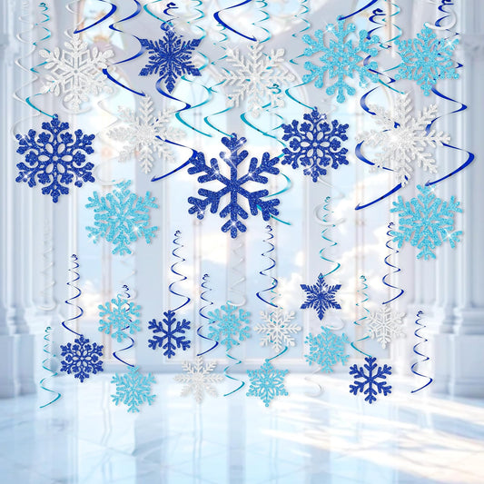30Pcs Winter Glitter Snowflake Hanging Swirl Decorations Winter Wonderland Decorations Christmas Snowflake Hanging Swirls Ceiling Streamers Baby Shower Hanging Decor Birthday Wedding Party Supplies
