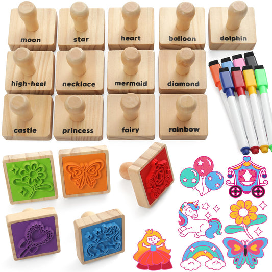 Coogam Wooden Stamp for Girls Friendship, 20pcs Color Shape Unicorn Butterfly Mermaid Stamp Set with Markers, DIY Arts Crafts Printing Stamping Party Favor Toy Gift for 3 4 5 Year Old Kids