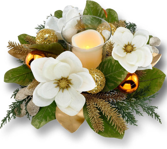 Skiennix 18" Centerpiece - Flameless LED Candle Holder with White Magnolia & Gold Baubles for Holiday Decor