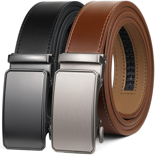 2 Pack Ratchet Belt 1 3/8", Mens leather Dress Belt in Gift Set Size 28"-62" Adjustable waist Trim to Fit (Dark Brown/Black, 28"-42" Waist Adjustable)