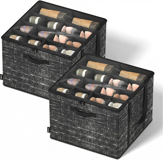 SONGMICS Shoe Organizer - Foldable Fabric Storage Bins with Clear Lid - Holds 32 Pairs, Ink Black, 16.5 x 16.5 x 12.5 Inches