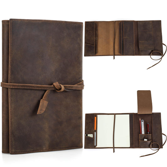 CataPurus Top Grain Genuine Leather Travel Notebook Cover for Man & Woman, Handmade Vintage Design, Leather Refillable Journal Cover Fits A5 Size Notebook/Paper/Pen/Stationeries/Cards/Tickets, Coffee