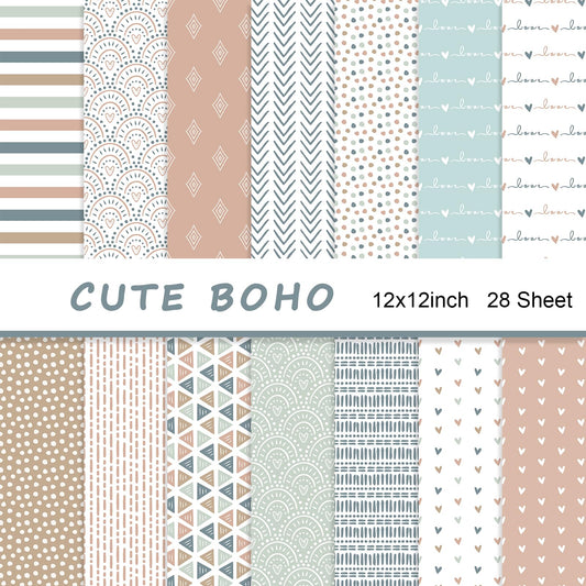 28 Sheet Boho Scrapbook Paper, 12"X12" Inch Scrapbook Papers, 90 lb/160 gsm Scrapbook Paper Double-Side Print (BOHO 2)