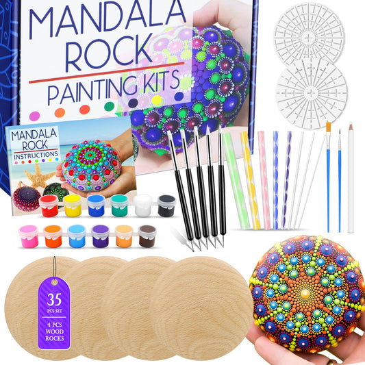 Mandala Rock Painting Arts and Craft Kit for Adults Women - 35 PCS Mandala Dot Art Kit - Large Wooden Rocks with Stencils, Acrylic Paints, Dot Painting Tools - DIY Relaxing and Creative Activity