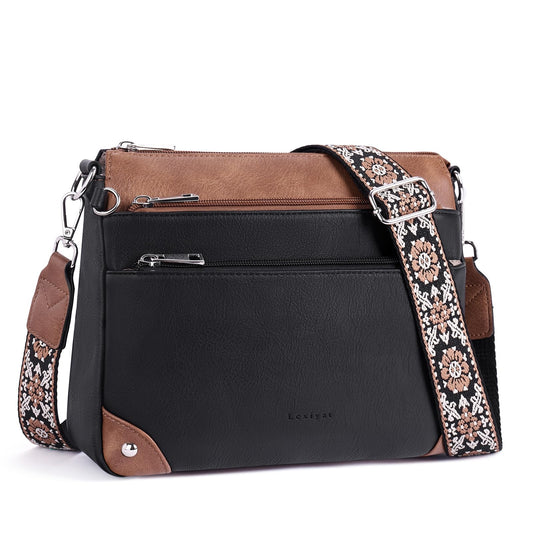 Lexiyat Crossbody Bags for Women Rfid Travel Crossbody Purses Leather Roomy Handbags Medium Shoulder bag with Adjustable Strap Blackwithbrown