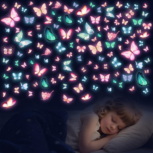 128 Stickers/6 Pieces Wall Decals for Girls Bedroom,Glow in the Dark Stickers,Butterfly Wall Decals - Blue & Pink Glowing Decor for Bedroom, Party Decor, Kids Room,Living Room(Detachable)