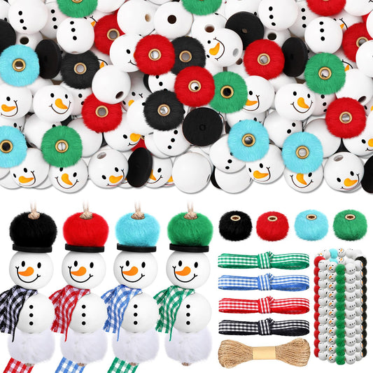 Amyhill 120 Pcs DIY Christmas Snowman Wooden Beads for Craft, Fuzzy Faux Fur Poms, Winter Wood Beads Buffalo Plaid Colorful Print with Twine, for Party Xmas Santa Tree Jewelry Home(Red Green Blue)