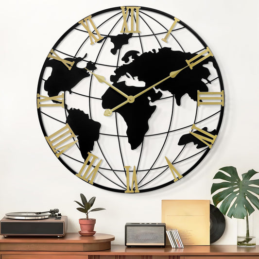 LEIKE Large Wall Clock 24IN, World Map Modern Style Wall Clocks, Big Clock for Wall Living Room Decor, Office Wall Decor, Silent Non-Ticking for Bedroom, Kitchen, School