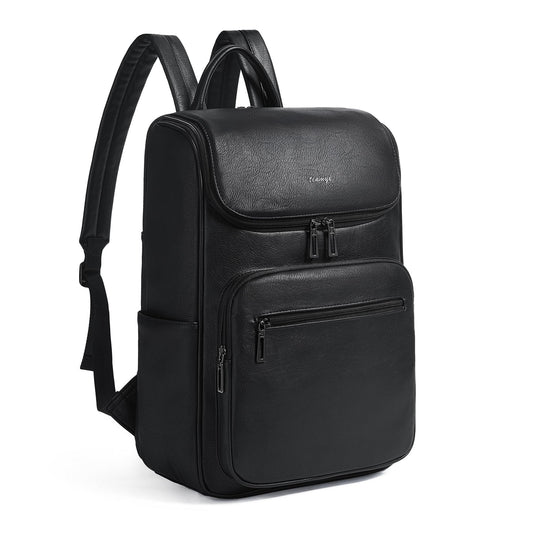 tiamyi leather travel backpack for men and women, flap top laptop backpack fits 17.0 inch computer with luggage strap and separate padded compartment, black