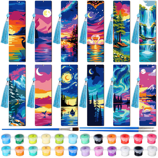 Kosiz 12 Pcs Night Landscape Paint by Numbers Kit for Adults Wood Bookmark Painting Decor Mini Paint by Numbers Kit Tassels Blank Bookmarks Craft for Small DIY Book Lovers Gift 7x2 ''
