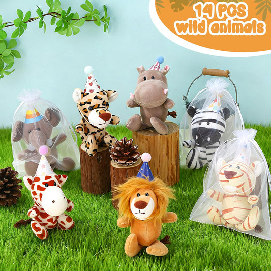 Guiqulai 14 Pcs Mini Jungle Animal Plush Toys Set, Including 14 Pcs Stuffed Safari Forest Animals with Birthday Hats, Organza Bag for Birthday Favor Theme Party