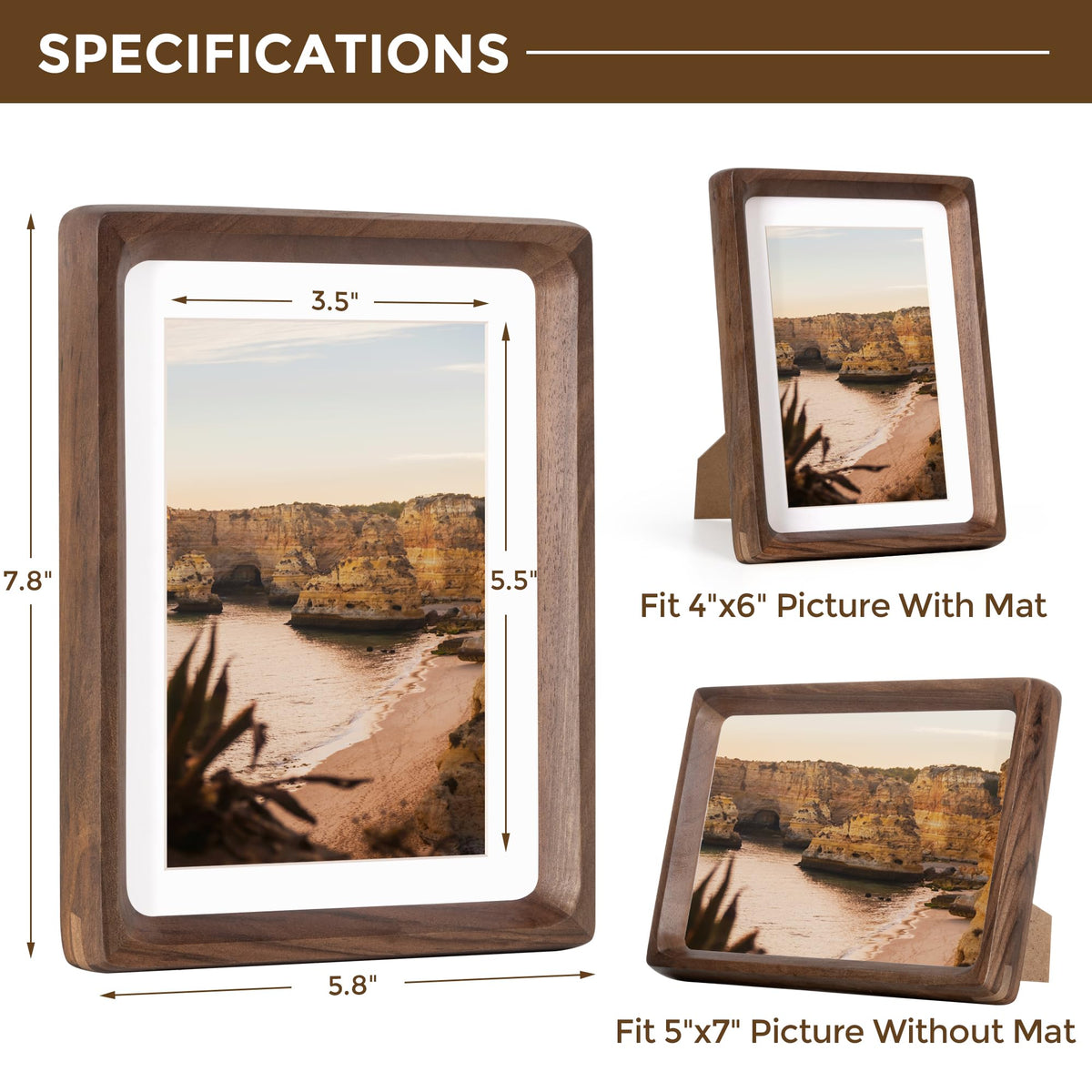 Dreamland 5x7 Picture Frame, USA-Sourced Walnut Wood Photo Frame with HD Tempered Glass, Wooden Frame Matted to 4x6, Handcrafted Rounded Corner for Tabletop or Wall Display