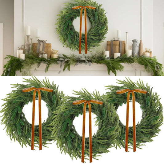 Yuxung 3 Pcs 20 Inch Christmas Norfolk Pine Wreath Artificial Realistic Norfolk Wreath Winter Farmhouse Greenery Decoration with Ribbon Bow for Front Door Xmas Indoor Outdoor Home Decoration (Khaki)