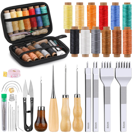 MORFEN 56Pcs Leather Stitching Punch Kit, Sewing Kit with 4mm Prong Sewing Hole Punch Waxed Thread Hand Sewing Stitching Needles Leatherworking Tools for Beginners DIY Leather Crafting