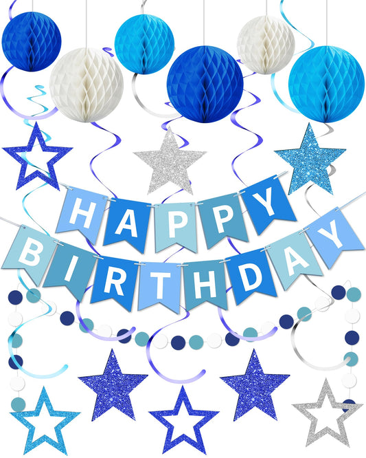 Blue Happy Birthday Decorations, Happy Birthday Banner with Honeycomb Balls, Stars Hanging Swirl Streamers, Dots Garland, Party Decorations for Men Boys Women Girls